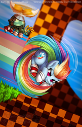 Size: 990x1530 | Tagged: safe, artist:bumblebun, miles "tails" prower, sonic the hedgehog, abstract background, barely sonic related, duo, flying, gloves, loop, my little pony, pegasus, pony, rainbow dash, shoes, socks, spinball, tank the tortoise, tortoise