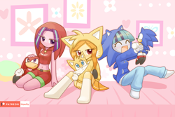 Size: 1500x1000 | Tagged: safe, artist:howxu, knuckles the echidna, miles "tails" prower, sonic the hedgehog, human, abstract background, adagio dazzle (mlp), aria blaze, barely sonic related, blushing, crossover, cute, kigurumi, my little pony, sitting, sonata dusk, stuffed animal, the dazzlings, trio