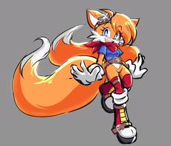 Size: 2048x1746 | Tagged: safe, artist:eemapso, miles "tails" prower, 2024, bandana, belt, boots, bottomless, eyebrow clipping through hair, gender swap, goggles, goggles on head, grey background, looking at viewer, shirt, simple background, smile, solo, stockings