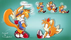 Size: 2048x1152 | Tagged: safe, artist:chimerschang, miles "tails" prower, 2024, bandana, belt, boots, bottomless, clothes, dialogue, duo, english text, exclamation mark, gender swap, goggles, gradient background, heart tail, kneeling, looking at them, self paradox, shirt, sitting, stockings, walking