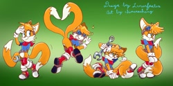 Size: 2048x1012 | Tagged: safe, artist:chimerschang, miles "tails" prower, 2024, alternate version, bandana, belt, boots, bottomless, clothes, gender swap, goggles, gradient background, heart tail, holding something, mid-air, shirt, signature, sitting, smile, solo, sparkles, standing, stockings, tired, wrench