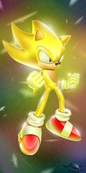 Size: 1000x2000 | Tagged: safe, artist:sirlionburgers, sonic the hedgehog, super sonic, 2013, abstract background, clenched fists, flying, frown, glowing, lineless, looking offscreen, mid-air, redraw, solo, star (sky), super form