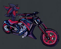 Size: 2048x1628 | Tagged: safe, artist:miamoosmoo, shadow the hedgehog, 2024, dark rider, grey background, motorcycle, simple background, sitting, solo