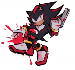 Size: 1981x1836 | Tagged: safe, artist:shadadow, shadow the hedgehog, 2022, blood splatter, blood stain, frown, gun, holding something, implied murder, looking at viewer, simple background, solo, white background