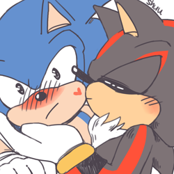 Size: 1000x1000 | Tagged: safe, artist:alittlebitfast, shadow the hedgehog, sonic the hedgehog, :/, blushing, cute, duo, gay, heart, kiss on cheek, shadow x sonic, shipping, shrunken pupils, signature, simple background, white background