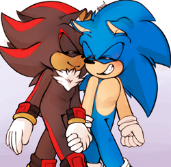 Size: 1280x1248 | Tagged: safe, artist:alittlebitfast, shadow the hedgehog, sonic the hedgehog, couple, cute, duo, eyes closed, gay, gradient background, holding hands, shadow x sonic, shadowbetes, shipping, signature, smile, sonabetes, standing, walking