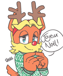 Size: 686x826 | Tagged: safe, artist:alittlebitfast, antoine d'coolette, alternate outfit, christmas, clothes, dialogue, fake antlers, fake nose, french text, lidded eyes, signature, simple background, smile, solo, speech bubble, sweater, white background