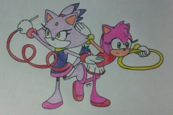 Size: 1280x848 | Tagged: safe, artist:dashknife-edge, amy rose, blaze the cat, cat, hedgehog, 2016, amy x blaze, cute, female, females only, gymnastic outfit, lesbian, mario & sonic at the olympic games, shipping, traditional media