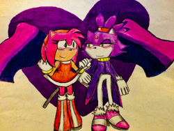Size: 1024x768 | Tagged: safe, artist:gremlintheunicorn, amy rose, blaze the cat, cat, hedgehog, 2018, amy x blaze, amy's halterneck dress, bisexual pride, blaze's tailcoat, cute, female, females only, lesbian, looking at each other, shipping, traditional media