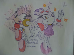 Size: 640x480 | Tagged: safe, artist:kenji195, amy rose, blaze the cat, cat, hedgehog, 2021, amy x blaze, cute, female, females only, gymnastic outfit, lesbian, mario & sonic at the olympic games, shipping, sparkles, traditional media