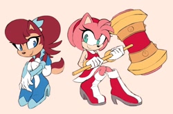 Size: 890x589 | Tagged: safe, artist:shira hedgie, amy rose, sally acorn, piko piko hammer, redesign