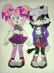 Size: 1280x1707 | Tagged: safe, artist:rose-factor, amy rose, blaze the cat, cat, hedgehog, 2024, amy x blaze, cute, female, females only, goth, goth outfit, lesbian, looking at viewer, shipping, traditional media