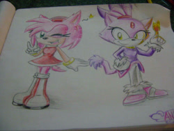 Size: 640x480 | Tagged: safe, artist:andy-little-dog, amy rose, blaze the cat, cat, hedgehog, 2012, amy x blaze, amy's halterneck dress, blaze's tailcoat, cute, female, females only, flame, lesbian, looking at viewer, one eye closed, shipping, star (symbol)
