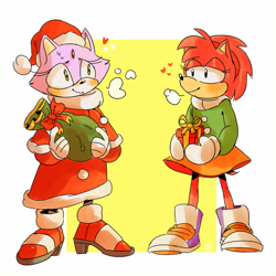 Size: 1280x1280 | Tagged: safe, artist:petvetm, amy rose, blaze the cat, cat, hedgehog, 2018, amy x blaze, bag, blushing, christmas, christmas outfit, cute, female, females only, hearts, lesbian, looking at each other, present, shipping