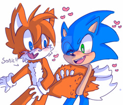 Size: 1024x872 | Tagged: safe, artist:crazygreenfluff, miles "tails" prower, sonic the hedgehog, 2022, blushing, deviantart watermark, dialogue, duo, flustered, gay, heart, holding tail, mouth open, shipping, simple background, smile, sonic x tails, watermark, white background