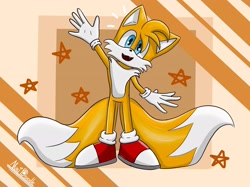 Size: 2732x2048 | Tagged: safe, artist:nukidoodle, miles "tails" prower, 2021, abstract background, cute, fangs, looking at viewer, mouth open, signature, smile, solo, standing, star (symbol), waving