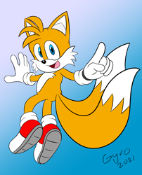 Size: 3400x4200 | Tagged: safe, artist:gyrotor, miles "tails" prower, 2021, flat colors, gradient background, looking at viewer, looking back at viewer, pointing, signature, smile, solo