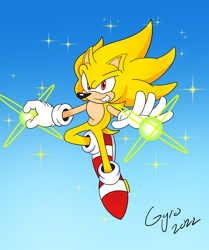 Size: 1512x1812 | Tagged: safe, artist:gyrotor, sonic the hedgehog, super sonic, 2022, flying, looking at viewer, signature, smile, solo, sparkles, super form