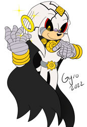 Size: 1274x1847 | Tagged: safe, artist:gyrotor, dr. finitevus, 2022, black sclera, flat colors, looking at viewer, ring, signature, simple background, smile, solo, sparkles, standing, white background