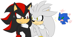 Size: 1484x751 | Tagged: safe, artist:myly14, shadow the hedgehog, silver the hedgehog, sonic the hedgehog, 2013, :3, cross popping vein, flat colors, gay, implied sonadow, jealously, looking at each other, looking at them, love triangle, shadow x silver, shipping, standing, sweatdrop, trio