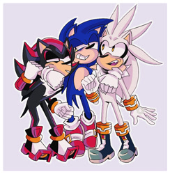 Size: 826x845 | Tagged: safe, artist:griffingade, shadow the hedgehog, silver the hedgehog, sonic the hedgehog, 2021, arm around shoulders, border, clenched teeth, lidded eyes, mouth open, outline, purple background, redraw, simple background, smile, standing, trio
