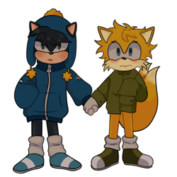 Size: 2048x2048 | Tagged: safe, artist:akane-hirom1, fox, hedgehog, blushing, clothes, craig tucker, creek (south park), crossover, duo, frown, gay, holding hands, looking ahead, mobianified, oversized, shipping, simple background, south park, standing, tweek tweak, two tails, white background