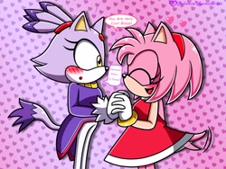 Size: 2048x1543 | Tagged: safe, artist:peachyyasmin, amy rose, blaze the cat, cat, hedgehog, 2024, amy x blaze, amy's halterneck dress, blaze's tailcoat, blushing, cute, english text, eyes closed, female, females only, holding hands, lesbian, shipping, speech bubble, tail wagging