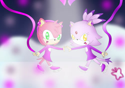 Size: 1024x725 | Tagged: safe, artist:mintstarmari, amy rose, blaze the cat, cat, hedgehog, 2015, amy x blaze, cute, female, females only, ice skates, ice skating, lesbian, looking at viewer, shipping
