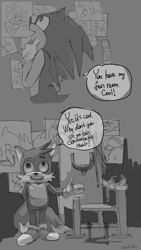 Size: 1080x1920 | Tagged: safe, artist:sad-all-life, miles "tails" prower, sonic the hedgehog, 2024, alternate universe, au:yandere tails, bondage, chair, dialogue, duo, english text, gay, greyscale, indoors, monochrome, obsessed, photograph, rope, seems legit, shipping, smile, sonic x tails, speech bubble, standing, yandere