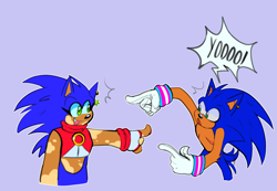 Size: 2048x1417 | Tagged: safe, artist:carnation-damnation, sonic the hedgehog, dialogue, duo, looking at each other, nonbinary, pointing, pride, pride flag, purple background, self paradox, simple background, smile, speech bubble, standing, top surgery scars, trans male, trans pride, transgender, transmasculine, wagging tail