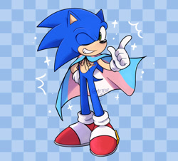 Size: 1967x1782 | Tagged: safe, artist:meteorlimit, sonic the hedgehog, cape, checkered background, hand on hip, pointing, pride, pride flag, signature, solo, sparkles, standing, top surgery scars, trans male, trans pride, transgender, wink