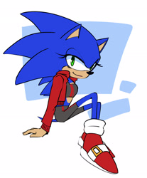 Size: 2048x2479 | Tagged: safe, artist:snailtrain, sonic the hedgehog, abstract background, clothes, crop top, gloves off, jacket, lidded eyes, shorts, sitting, smile, solo, trans female, transgender