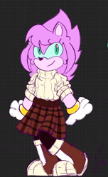 Size: 955x1566 | Tagged: safe, artist:spooperdedooper, amy rose, alternate outfit, boots, checkered background, clothes, green sclera, skirt, smile, standing, sweater, tights, winter outfit