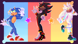 Size: 2048x1158 | Tagged: safe, artist:syztemerrxr, shadow the hedgehog, silver the hedgehog, sonic the hedgehog, abstract background, border, claws, middle finger, outline, sparkles, standing, star (symbol), top surgery scars, trans male, transgender, trio, yellow sclera