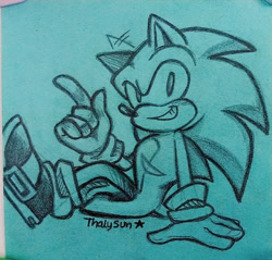 Size: 1995x1905 | Tagged: safe, artist:thalysun, sonic the hedgehog, blushing, ear flop, line art, looking at viewer, pointing, signature, sitting, smile, solo, top surgery scars, traditional media, trans male, transgender