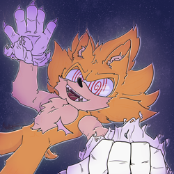 Size: 2048x2048 | Tagged: safe, artist:zero-is-nebulous, sonic the hedgehog, abstract background, claws, fleetway super sonic, looking at viewer, mouth open, solo, star (sky), super form, top surgery scars, torn gloves, trans male, transgender