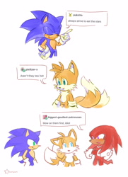 Size: 2048x2826 | Tagged: safe, artist:star6olt, knuckles the echidna, miles "tails" prower, sonic the hedgehog, dialogue, english text, signature, simple background, smile, speech bubble, standing, team sonic, trio, tumblr, white background