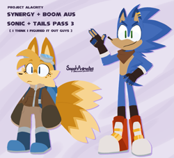 Size: 897x818 | Tagged: safe, artist:sapphanimates, miles "tails" prower, sonic the hedgehog, alternate universe, au:synergy, clothes, duo, english text, looking offscreen, signature, sonic boom (tv), standing