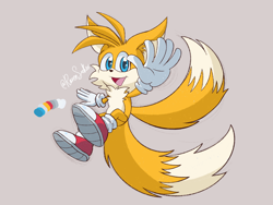 Size: 2048x1536 | Tagged: safe, artist:ravenseeker, miles "tails" prower, big ears, cute, grey background, looking at viewer, mouth open, signature, simple background, smile, solo