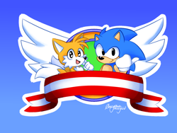 Size: 1600x1200 | Tagged: safe, artist:0vergrowngraveyard, miles "tails" prower, sonic the hedgehog, sonic the hedgehog 2, classic sonic, classic tails, cute, duo, gradient background, looking at viewer, outline, redraw, signature, smile, sonabetes, tailabetes, title screen