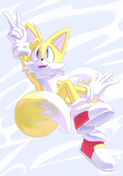 Size: 2048x2926 | Tagged: safe, artist:fangfang-73, miles "tails" prower, abstract background, looking up, mid-air, mouth open, smile, solo, v sign