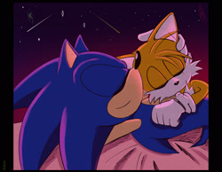 Size: 2048x1593 | Tagged: safe, artist:suzienightsky, miles "tails" prower, sonic the hedgehog, abstract background, cradling, duo, eyes closed, gay, lying down, shipping, shooting star, smile, sonic x tails, star (sky)