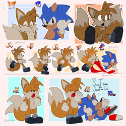 Size: 2048x2044 | Tagged: safe, artist:milolunde, miles "tails" prower, sonic the hedgehog, abstract background, duo, english text, idle, lying back, mouth open, one fang, redraw, reference inset, running, sitting, smile, yawning