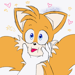 Size: 2048x2048 | Tagged: safe, artist:adoralea, miles "tails" prower, human, cute, hand under chin, heart, offscreen character, petting, signature, solo, star (symbol), tongue out