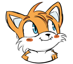 Size: 433x380 | Tagged: safe, artist:feral--opposum, miles "tails" prower, blushing, bust, fangs, looking offscreen, simple background, smile, solo, white background