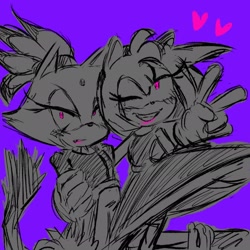 Size: 2048x2048 | Tagged: safe, artist:kyradrawss, amy rose, blaze the cat, cat, hedgehog, 2024, amy x blaze, amy's halterneck dress, blaze's tailcoat, female, females only, hearts, lesbian, looking at viewer, one eye closed, peace sign, shipping
