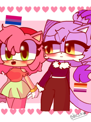 Size: 768x1024 | Tagged: safe, artist:bluryrose, amy rose, blaze the cat, cat, hedgehog, 2024, amy x blaze, bisexual pride, blushing, cute, female, females only, holding hands, lesbian, lesbian pride, looking at them, pride, shipping