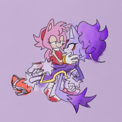 Size: 1268x1268 | Tagged: safe, artist:project-sonadow, amy rose, blaze the cat, cat, hedgehog, 2024, amy x blaze, amy's halterneck dress, bedroom eyes, blaze's tailcoat, cute, female, females only, hand on cheek, lesbian, looking at each other, shipping