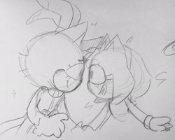 Size: 2047x1634 | Tagged: safe, artist:head---ache, amy rose, blaze the cat, cat, hedgehog, 2021, amy x blaze, amy's halterneck dress, blaze's tailcoat, cute, female, females only, lesbian, line art, looking at each other, shipping, sketch, traditional media