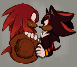 Size: 1404x1229 | Tagged: safe, artist:project-sonadow, knuckles the echidna, shadow the hedgehog, blushing, duo, frown, gay, grey background, hat, holding something, knuxadow, lidded eyes, looking at each other, shipping, simple background, standing